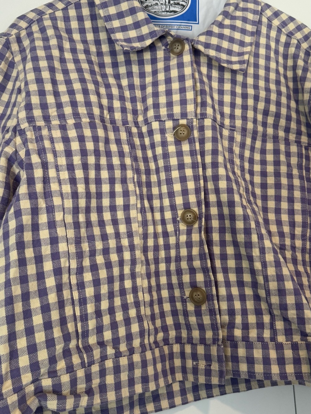 MONKI: Checked Button-Front Cropped Jacket in Cream/ Yellow and Purple - Picture 2 of 5